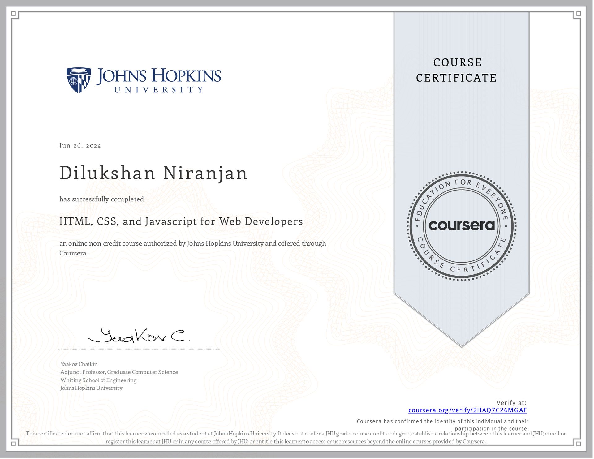 HTML, CSS, and Javascript for Web Developers certificate
