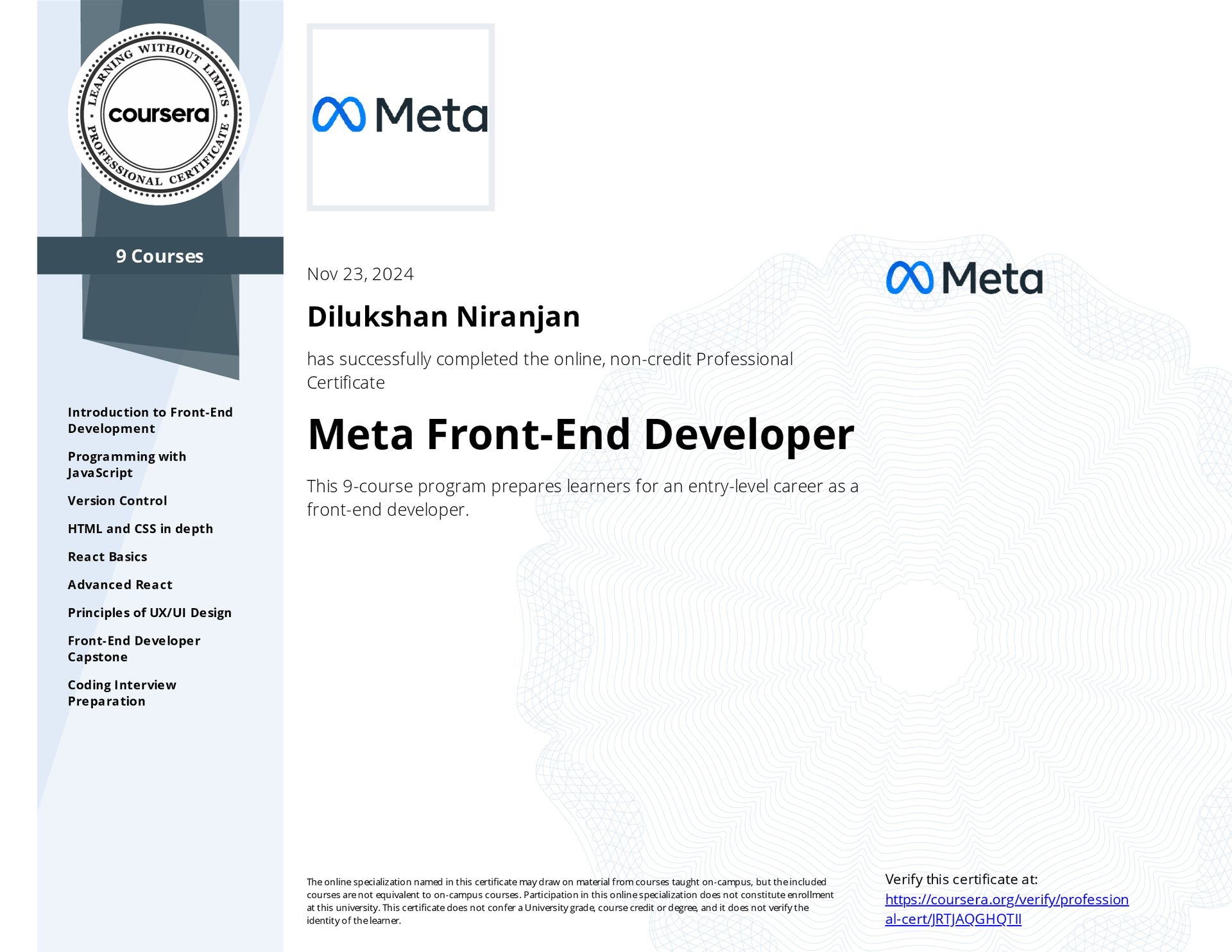 Meta Front-End Developer Specialization certificate